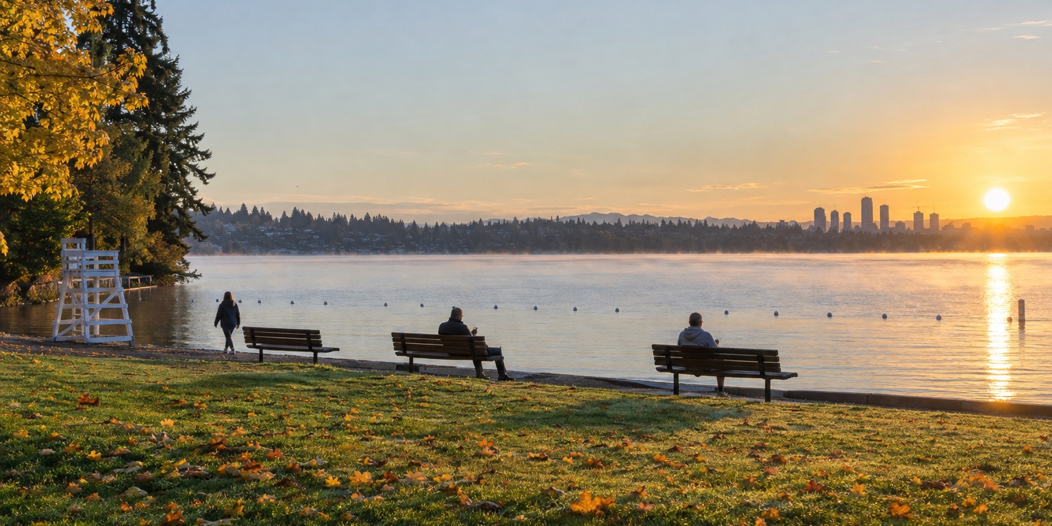 Madison Park Beach on Lake Washington on an October morning, benches along the shore and the Medina shoreline across the water